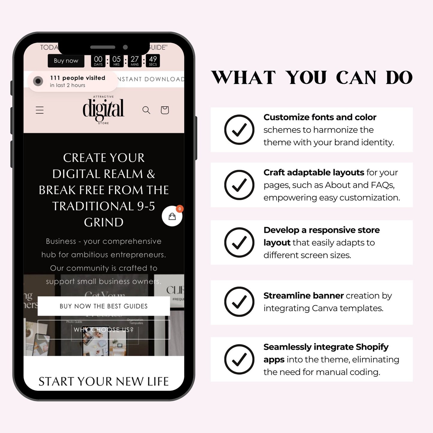 Bold & Blush Shopify Store Kit 2.0 – Black & Pink Theme with 30 Resell-Ready Digital Products + Editable Canva Banners