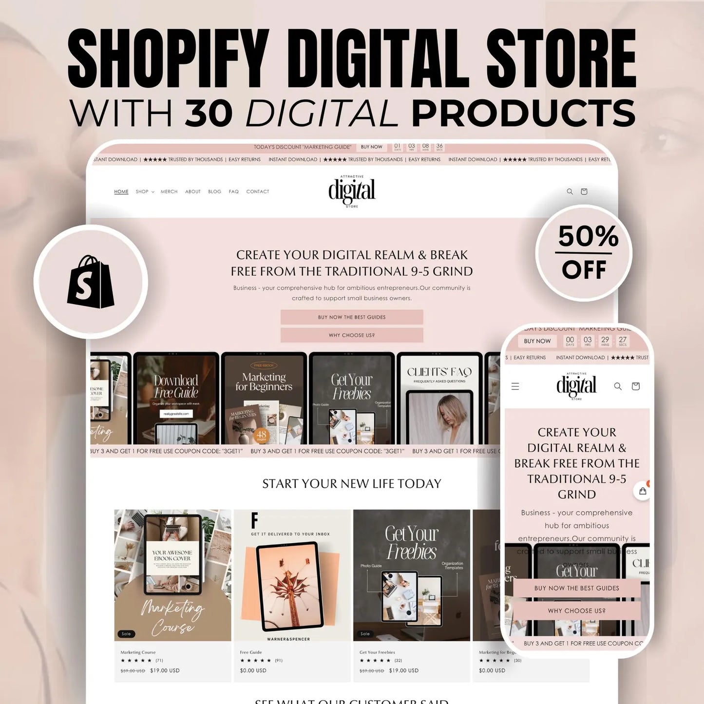 Pink Shopify Template with 30 Revenue-Ready Digital Products + Editable Canva Banners
