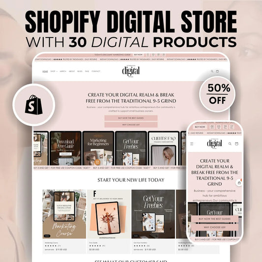 Pink Shopify Template with 30 Revenue-Ready Digital Products + Editable Canva Banners