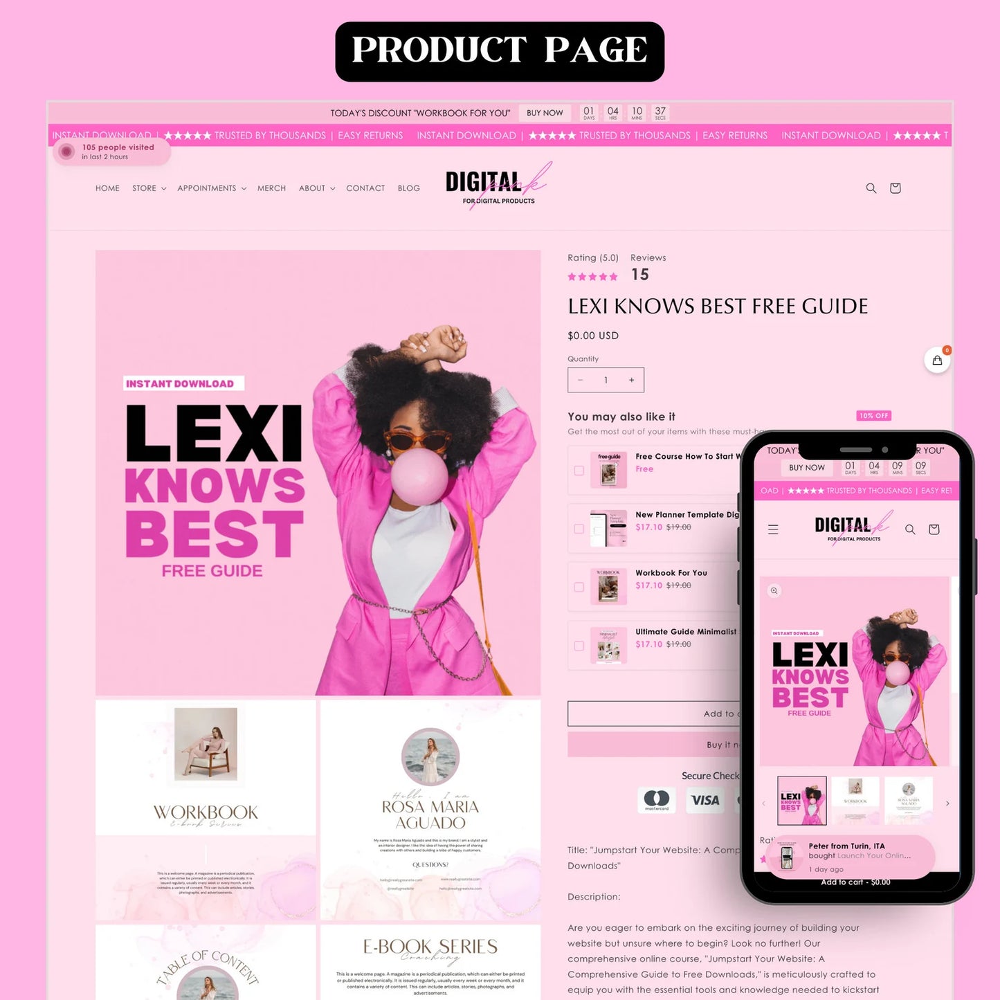Pink Luxe Store Kit 2.0 – Shopify Theme in Hot Pink & Blush with 30 Resell-Ready Digital Products + Editable Canva Banners