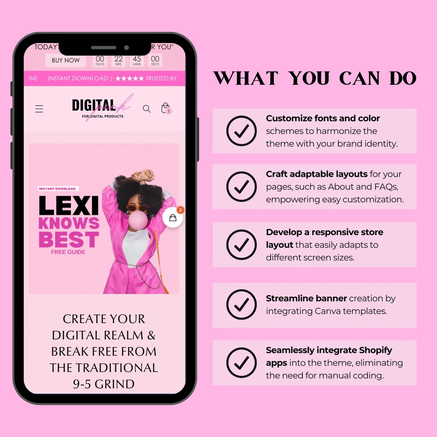 Pink Luxe Store Kit 2.0 – Shopify Theme in Hot Pink & Blush with 30 Resell-Ready Digital Products + Editable Canva Banners