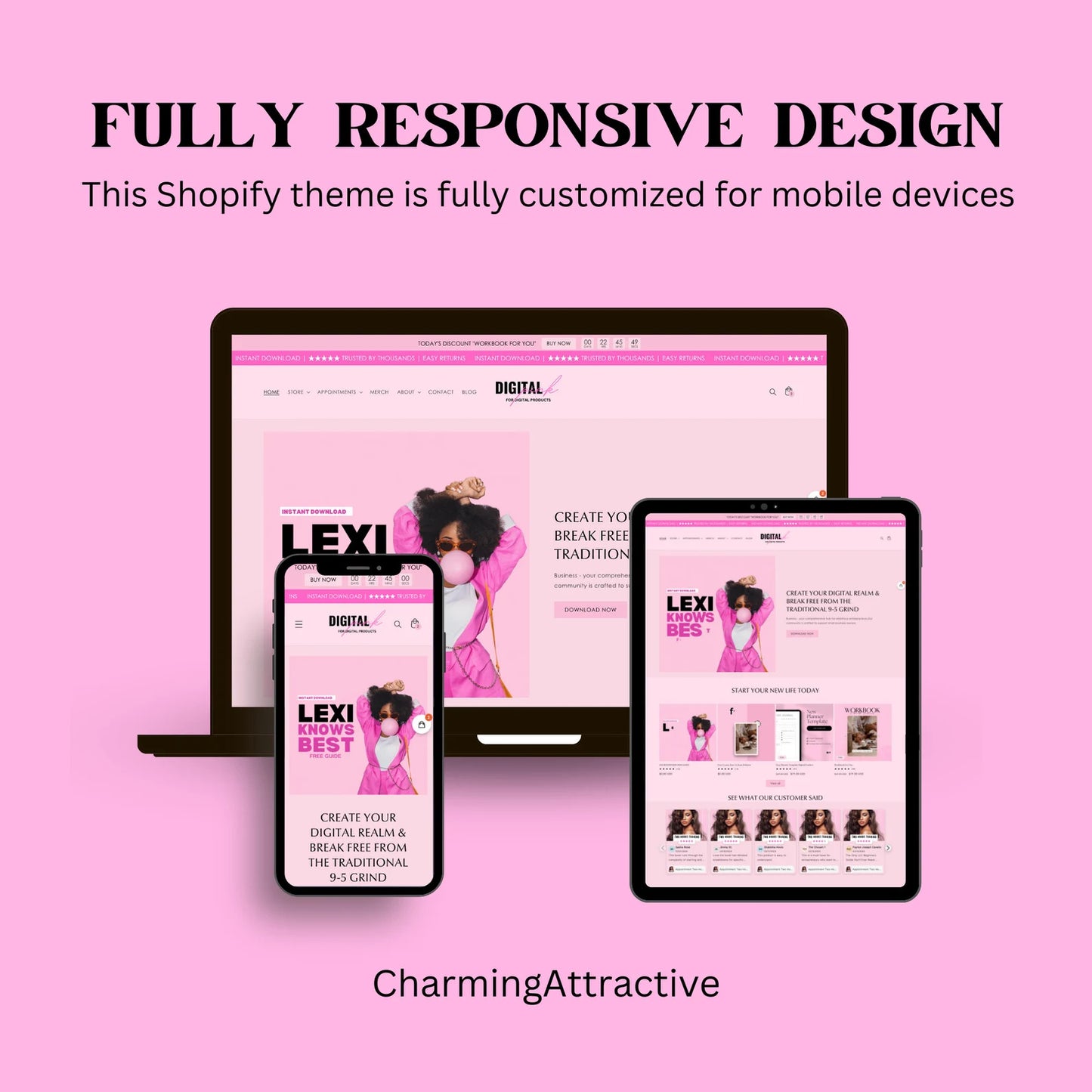 Pink Luxe Store Kit 2.0 – Shopify Theme in Hot Pink & Blush with 30 Resell-Ready Digital Products + Editable Canva Banners
