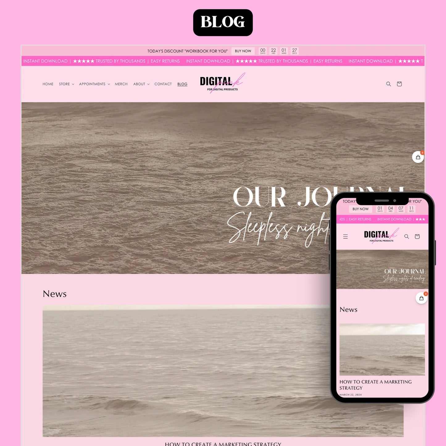 Pink Luxe Store Kit 2.0 – Shopify Theme in Hot Pink & Blush with 30 Resell-Ready Digital Products + Editable Canva Banners