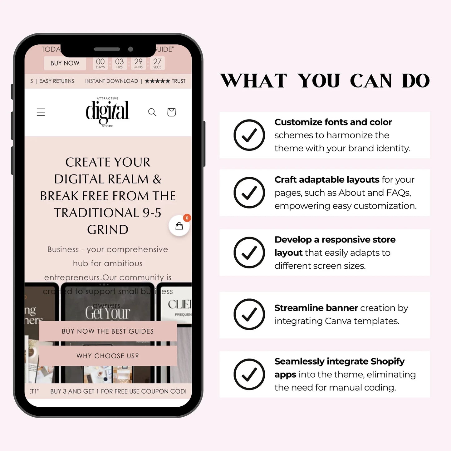 Pink Shopify Template with 30 Revenue-Ready Digital Products + Editable Canva Banners