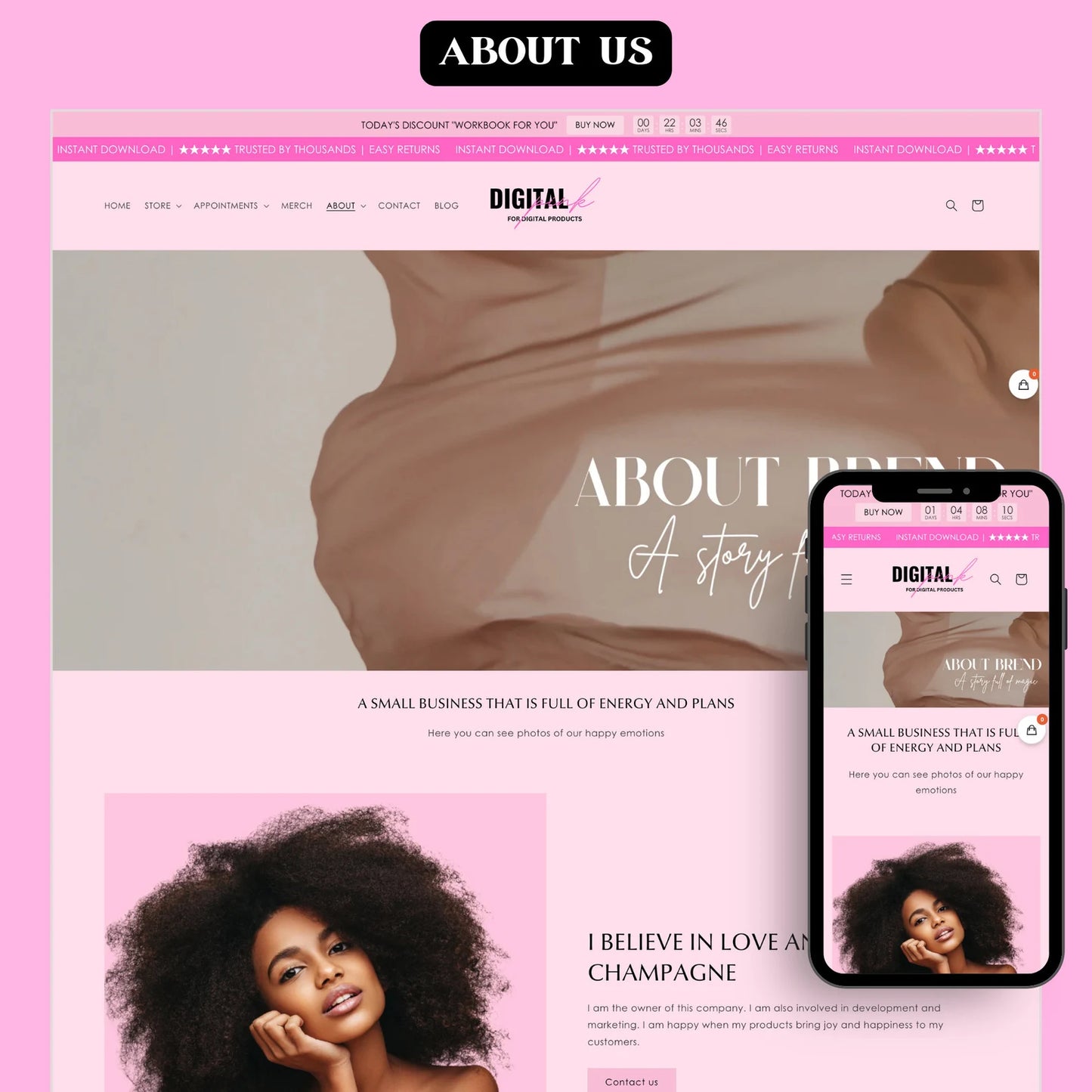Pink Luxe Store Kit 2.0 – Shopify Theme in Hot Pink & Blush with 30 Resell-Ready Digital Products + Editable Canva Banners