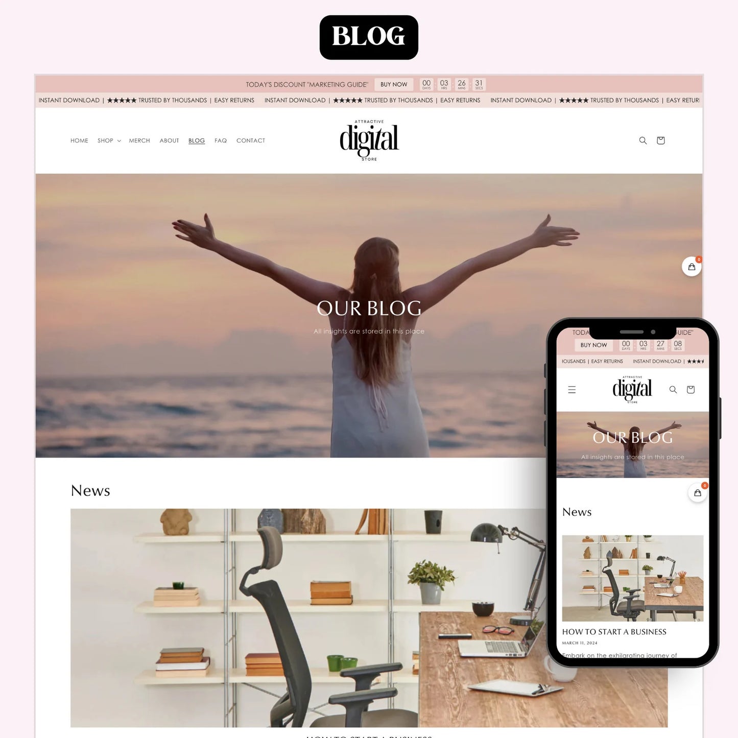 Pink Shopify Template with 30 Revenue-Ready Digital Products + Editable Canva Banners