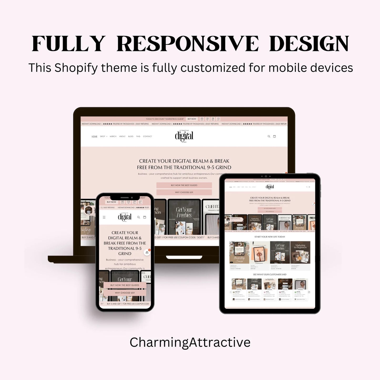 Pink Shopify Template with 30 Revenue-Ready Digital Products + Editable Canva Banners