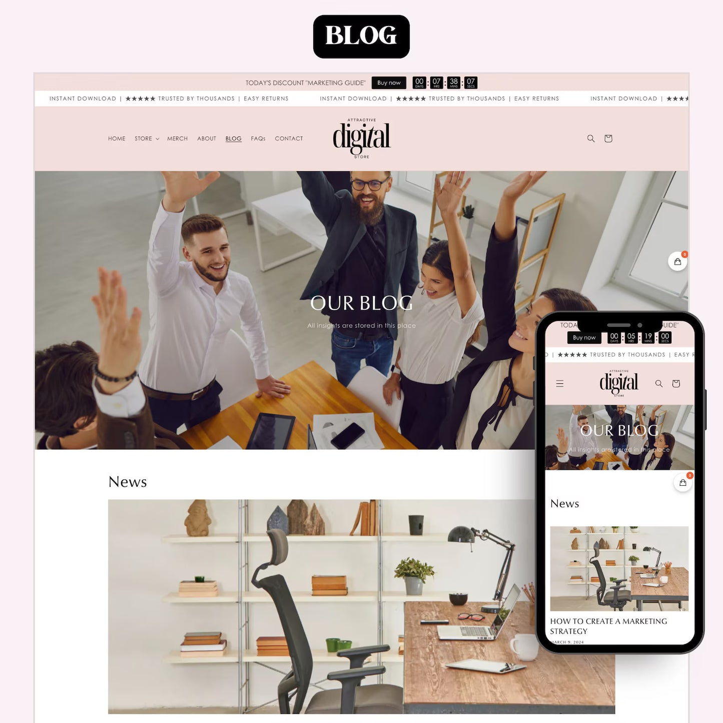 Bold & Blush Shopify Store Kit 2.0 – Black & Pink Theme with 30 Resell-Ready Digital Products + Editable Canva Banners