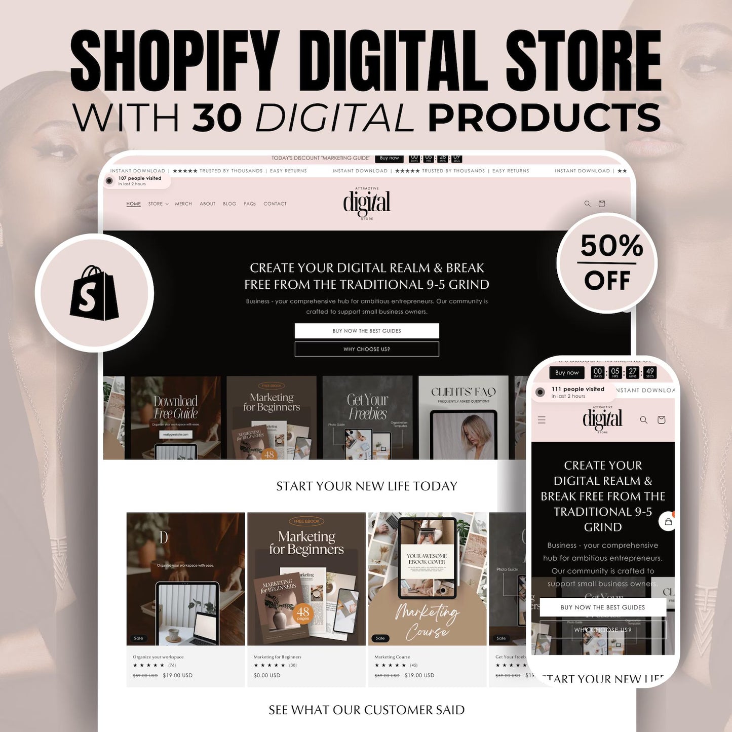 Bold & Blush Shopify Store Kit 2.0 – Black & Pink Theme with 30 Resell-Ready Digital Products + Editable Canva Banners