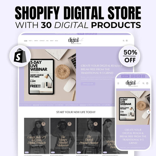 Purple Shopify Theme with 30 MRR Digital Products and Editable Canva Templates – Modern, Minimal Online Store Design